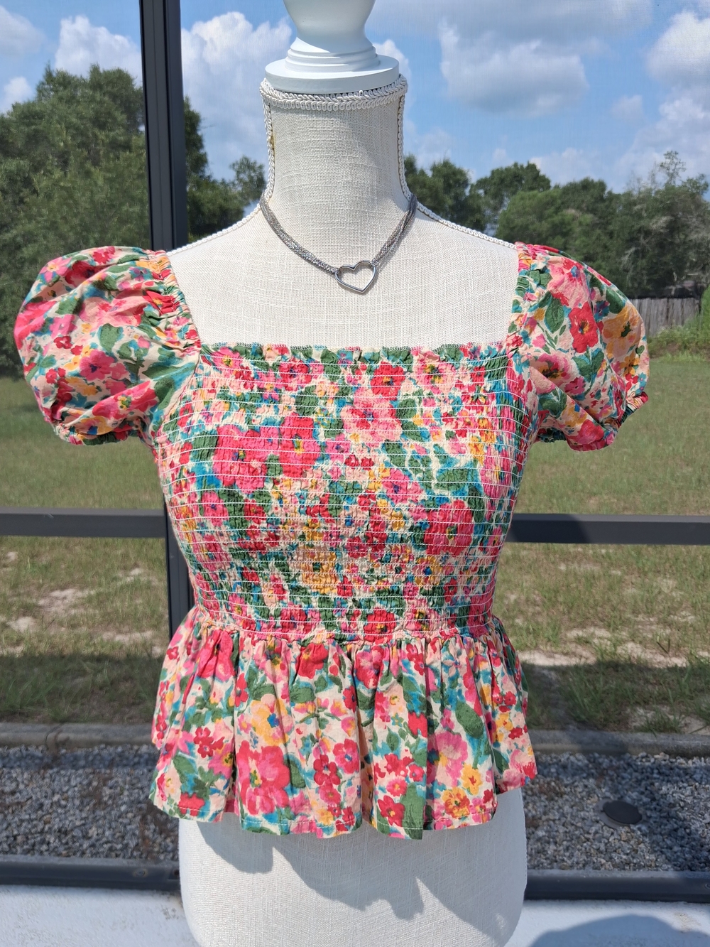 Rebellion Again Pink Floral Smocked Peplum Crop Top Size Medium